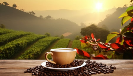 Coffee cup and beans on wooden table with nature background.の素材