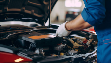 Auto mechanic working in auto repair service and checking engine oil level.の素材