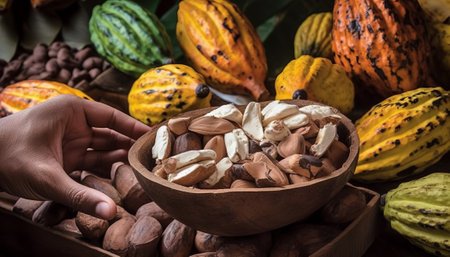 Cocoa beans and cacao powder in wooden bowl on natural backgroundの素材