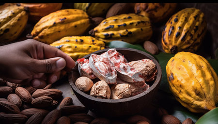 Cocoa fruit and cocoa beans on wooden background, Cocoa pod and cacao beansの素材