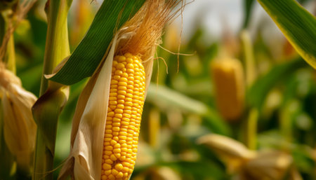Ripe corn on the cob in the field, close-upの素材