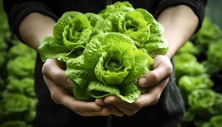 Organic hydroponic vegetable in human hands, close-upの素材