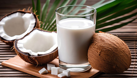 Coconut milk in a glass and fresh coconuts on wooden backgroundの素材