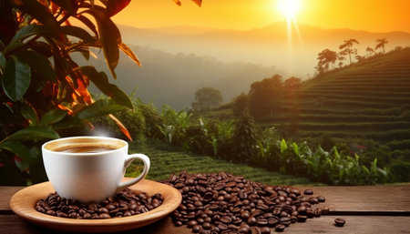 Coffee cup and coffee beans on wooden table with nature backgroundの素材