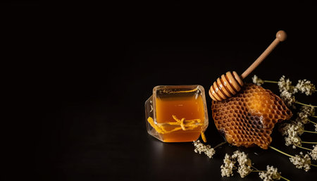 Honey in a jar and honeycombs on a black backgroundの素材