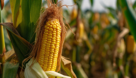 Ripe corn on the cob in the field, close-upの素材