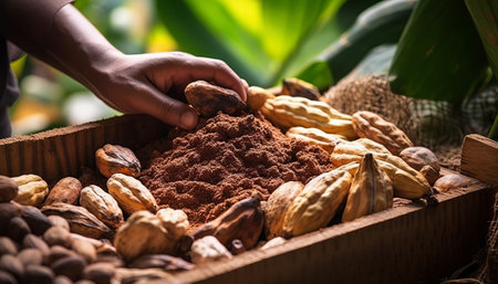 Cocoa beans and cocoa powder in wooden box, selective focusの素材