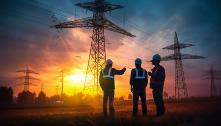 Silhouette of engineer and electrician standing on the background of high-voltage line.の素材