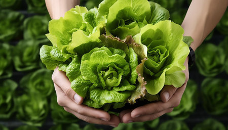 Female hands holding fresh lettuce in hydroponic farm, closeupの素材