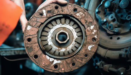Auto mechanic working with a new car clutch disc in auto repair shop.の素材