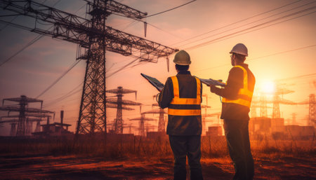Engineer and Architect working on construction site with pylon background.の素材