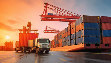 Container Cargo freight ship with working crane bridge for Logistic Import Export backgroundの素材