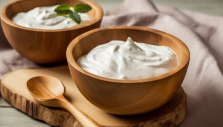 Sour cream in wooden bowl and spoon on wooden table, closeupの素材