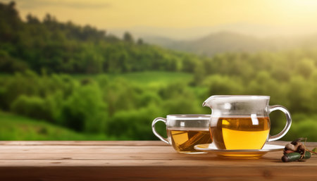 Cup of tea on wooden table in front of nature background.の素材