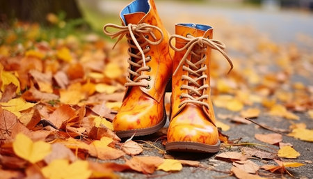 Womens boots on the background of autumn leaves. Autumn fashion.の素材