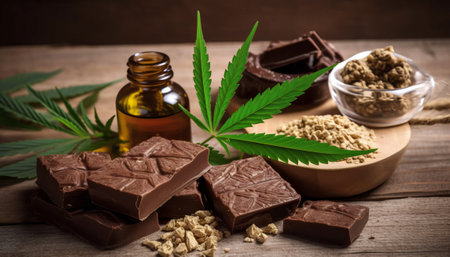 Cannabis leaf, hemp oil and chocolate on wooden background.の素材