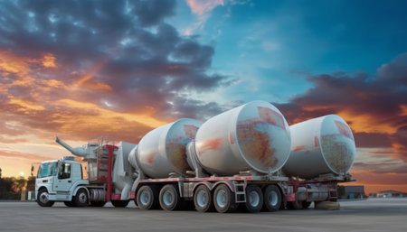 Concrete mixer truck with tank for transportation of oil and gas at sunsetの素材