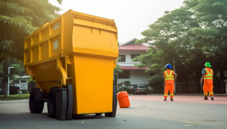 Dump truck on the road with workers in the background. Concept of waste management.の素材