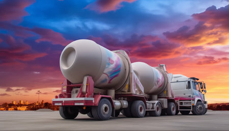 Concrete mixer truck on the background of the sunset. 3d renderingの素材