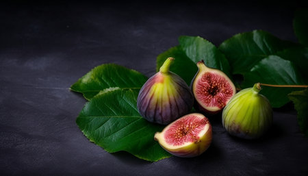 Fresh figs with leaves on a black background. Selective focus.の素材