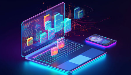 Laptop and mobile phone in neon light. 3d rendering.の素材