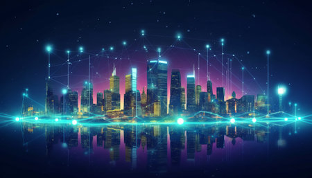 Smart city with glowing neon lights. Technology concept. Vector illustration.の素材