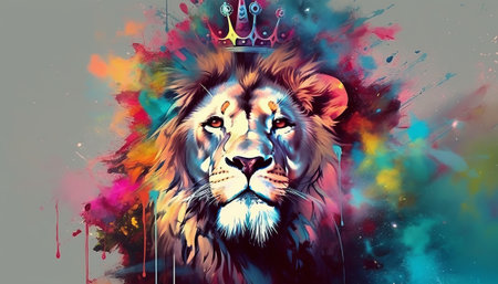 Lion head with crown on colorful abstract background. Digital painting.の素材