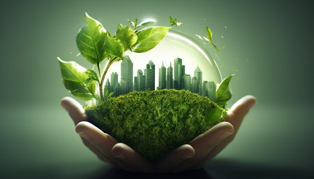 Close up of human hands holding green planet with cityscape and green leavesの素材