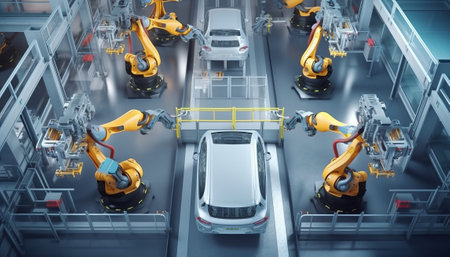 3D rendering of a robot assembly line in a car factory.の素材