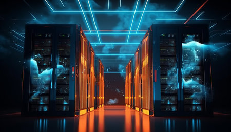 Server room data center. 3d rendering toned image double exposureの素材