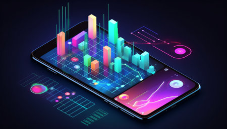Smartphone with colorful business graph on the screen. Vector illustration.の素材