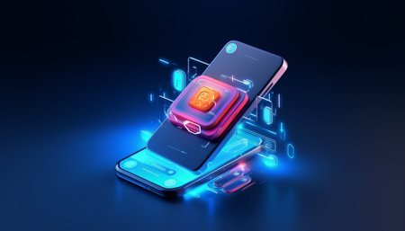 Smartphone with microchip on the screen. 3d illustration.の素材