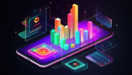 Smartphone with financial graph on the screen. Isometric vector illustration.の素材
