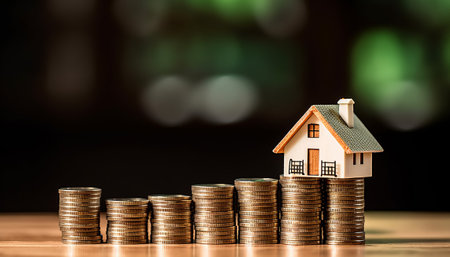 House model on coins stacks with bokeh background, saving money for buy a house concept.の素材