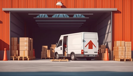 3d rendering of a truck in warehouse with pallets and boxesの素材