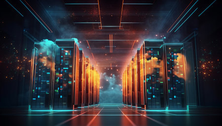 3d rendering of server room with neon lights and data center backgroundの素材