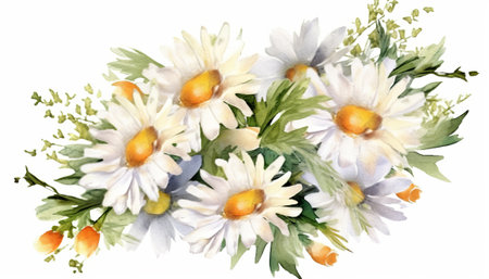 Watercolor bouquet with chamomile flowers, isolated on white backgroundの素材