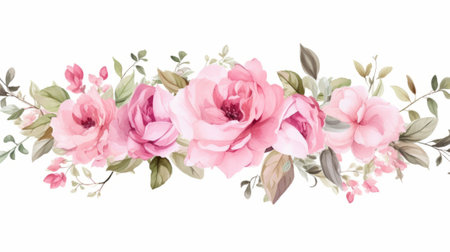 Watercolor floral border with pink roses and leaves. Vector illustration.の素材