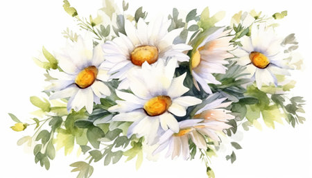 Watercolor bouquet of chamomile flowers. Hand painted illustrationの素材