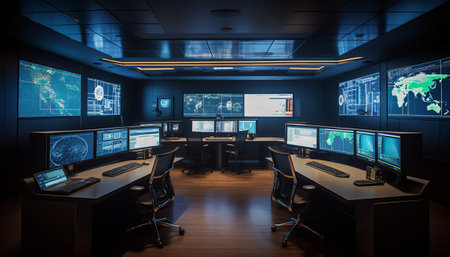 3D rendering of a modern control room with a lot of monitorsの素材