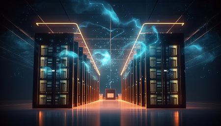 Futuristic server room with glowing neon lines. 3D Renderingの素材