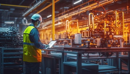 Engineer or Technician in safety helmet and reflective vest working on digital tablet computer in industrial factory.の素材