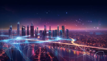 Futuristic cityscape and network connection concept. 3d renderingの素材