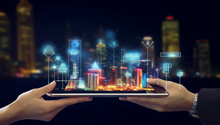 Close up of human hands holding tablet pc and modern cityscape at backgroundの素材
