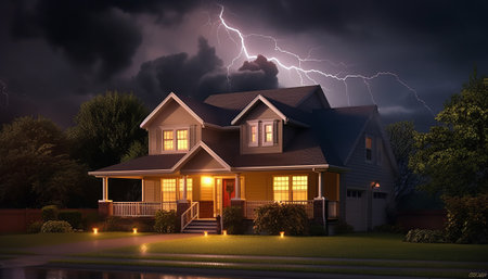 3D render of a house with lightning storm in the background.の素材