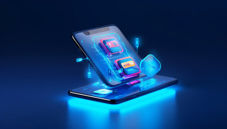 Smartphone with apps icon on screen on blue background. 3d illustrationの素材