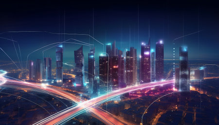 Future city and high-rise buildings with neon lights. 3D renderingの素材