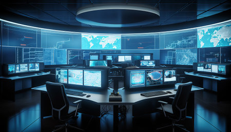 3D rendering of a control room with computers, monitors and screensの素材
