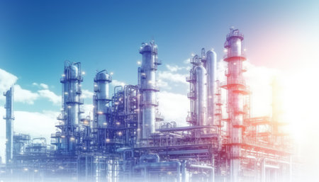 Oil refinery and petrochemical plant with blue sky background.Double exposureの素材
