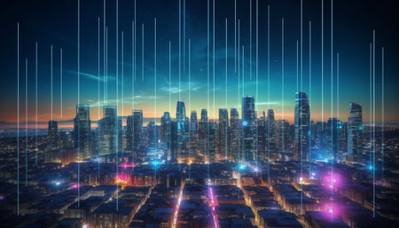Cityscape with glowing lines and binary code. 3D Renderingの素材